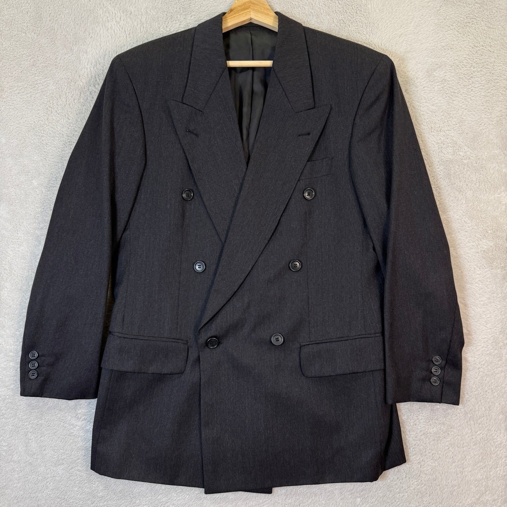 Hugo Boss Mens 40R Charcoal Pinstripe‎ Double Breasted Wool Blazer Suit Jacket